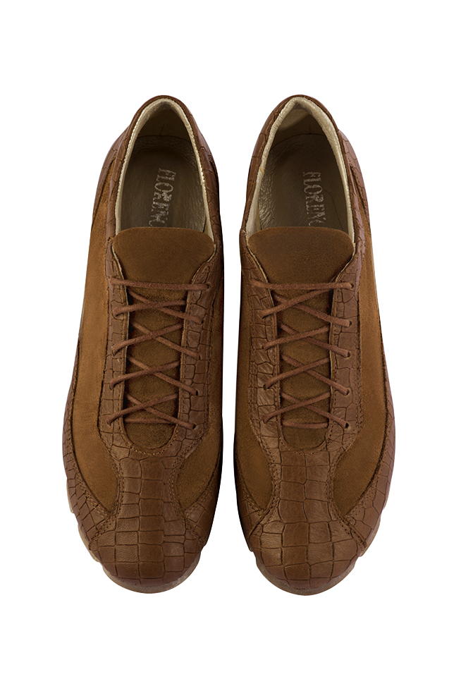 Caramel brown women's one-tone elegant sneakers. Round toe. Flat rubber soles. Top view - Florence KOOIJMAN
